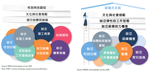 國際再生能源總署認為參與阻礙、以及產業組織型態不利女性發展與續留，是造成再生能源產業的性別不平等的兩大因素。