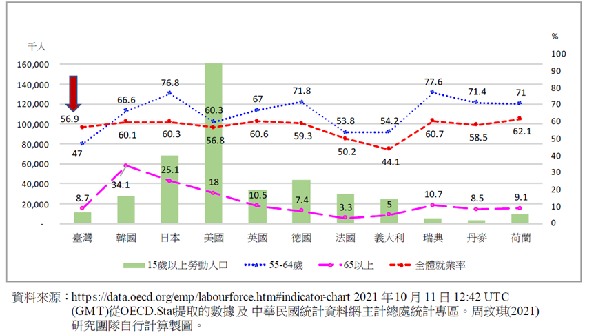 臺灣在2020年平均就業率56.9%，但是55-64歲就業率為47%、65歲以上就業率為8.7%，兩者都低於各國平均就業率。
