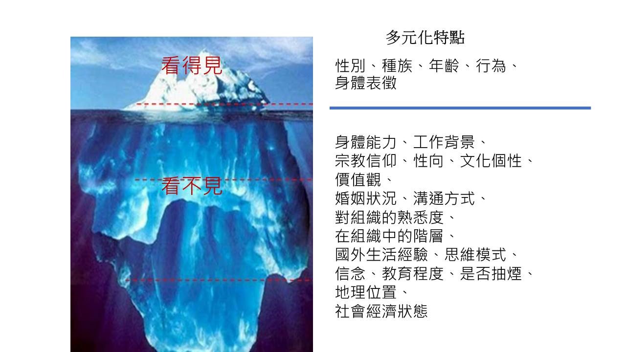 個體的差異包含多元化的特點，看得見的特點例如性別、種族、年齡…等；看不見的特點例如身體能力、工作背景、宗教信仰…等。